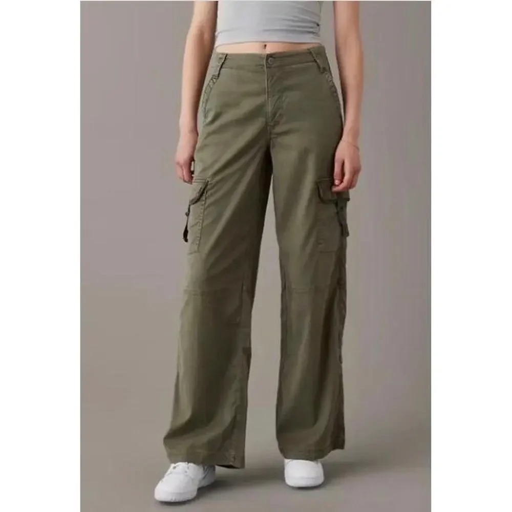 American Eagle High Rise Baggy Cargo Pants Women 10 Green Y2K Streetwear Casual - Picture 1 of 9